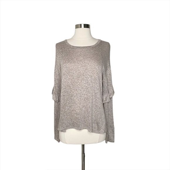 Wayf S Nordstrom Ruffle Long Sleeve Knit Top Pullover Solid Grey Taupe Women's - Picture 1 of 8